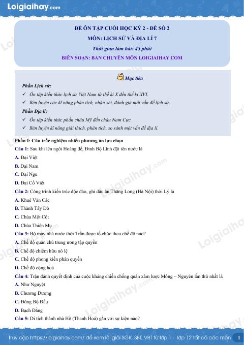 Đề thi học kì 2 Lịch sử và địa lí 7 KNTT - Đề số 2
